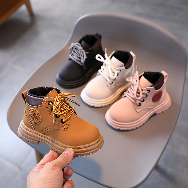 Autumn Winter Kids Retro Workwear Ankle Boots Children Added Cotton Warmth Lace-Up Boots Boys Girls Outdoor Non-Slip Cotton Boot