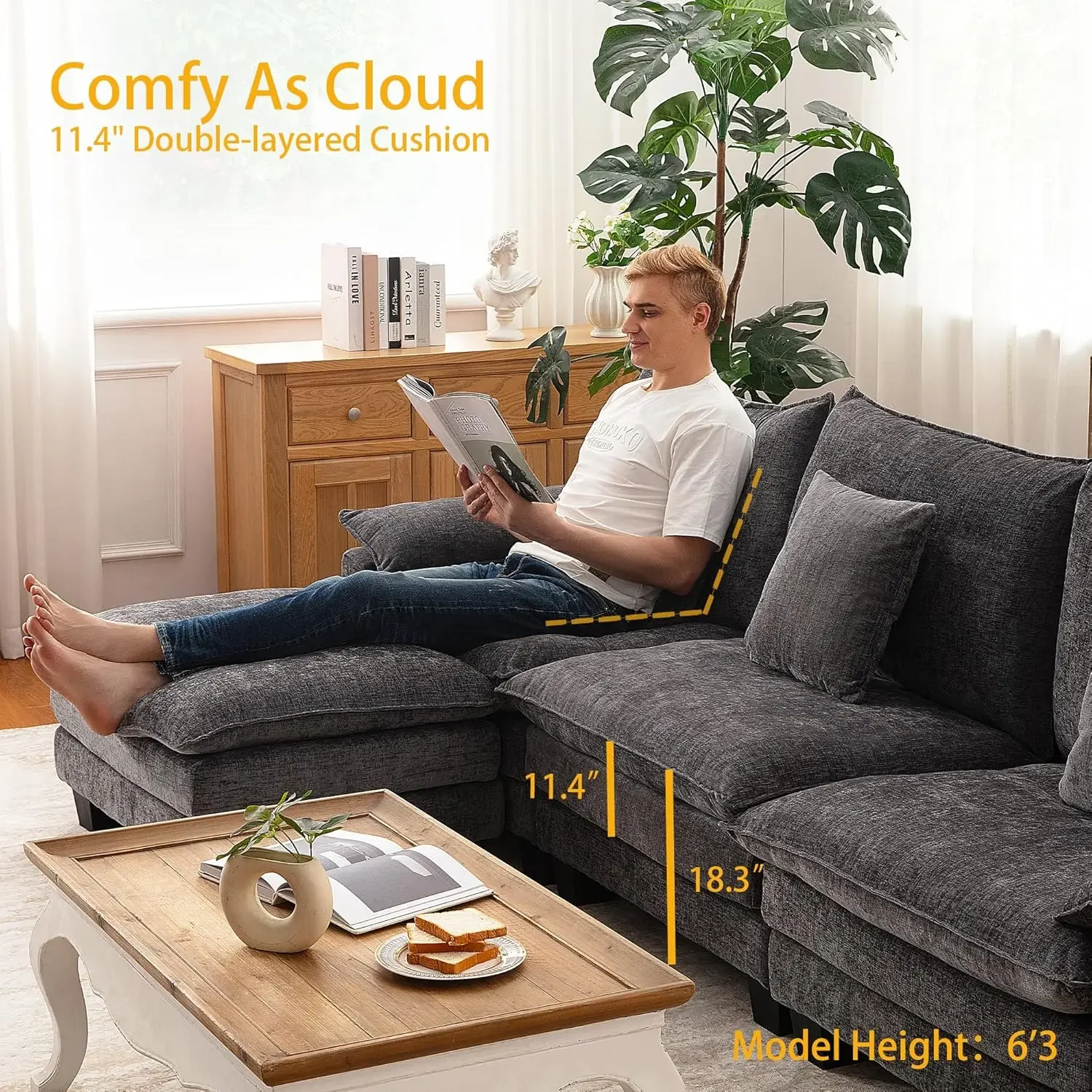 

144'' Cloud Couch L Shaped 4-Seater Sectional Couches with Movable Ottoman, USB, Comfy Sectionals Sofa for Living Room