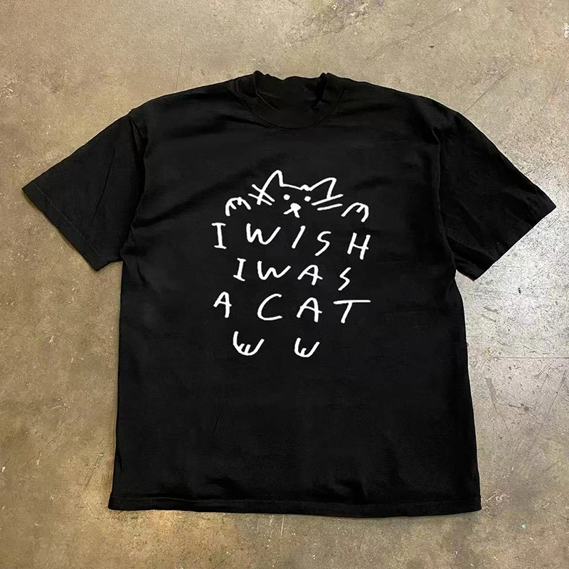 Cute Minimal Cat Doodle T-shirt I Wish I Was A Cat Hand Drawn Text Simple Line Art Unisex Summer Loose Cotton  Short Sleeve Tee