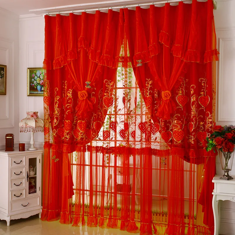 Chinese Style Lace Romantic and Festive Red Wedding Room Double Layered Curtain Princess Bedroom Living Room Semi Shade Curtain