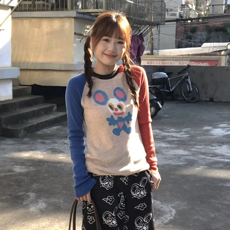 Karrram Japanese Y2k Knitted Tops Vintage Harajuku Graffiti Print Long Sleeve T-shirt 2000s Aesthetics Ribbed Patchwork Tops 90s