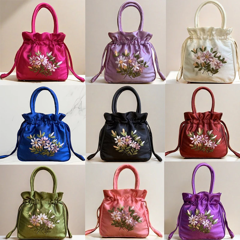 Bolso pequeño de cubo con cordón para mujer, bolso de mano con asa superior para mujer, bolso de verano para teléfono, bolso con patrón de flores bordado de estilo nacional