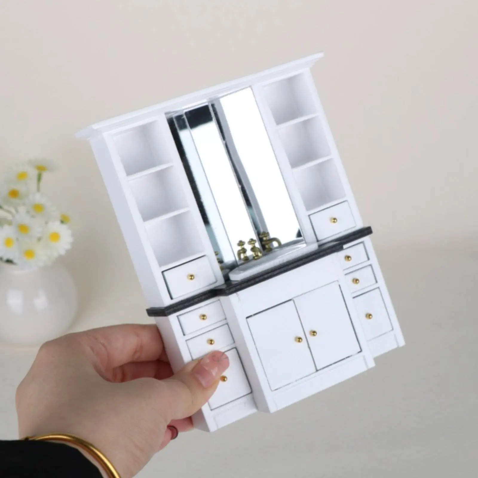

1:12 Scale Bathroom Sink Vanity with Mirror 1/12 Dollhouse Sink Cabinet Mini Dollhouse Washroom Vanity Sturdy for Collectors
