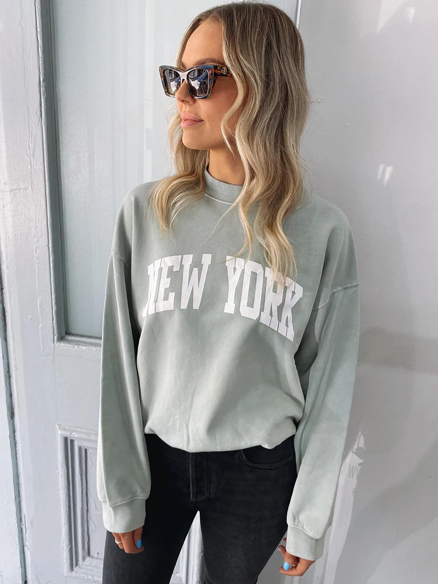 

New Letter Light Green Sweatshirt Women Autumn Winter 2023 O-Neck Long Sleeve Pullover Tops Streetwear Vintage Sweatshirts