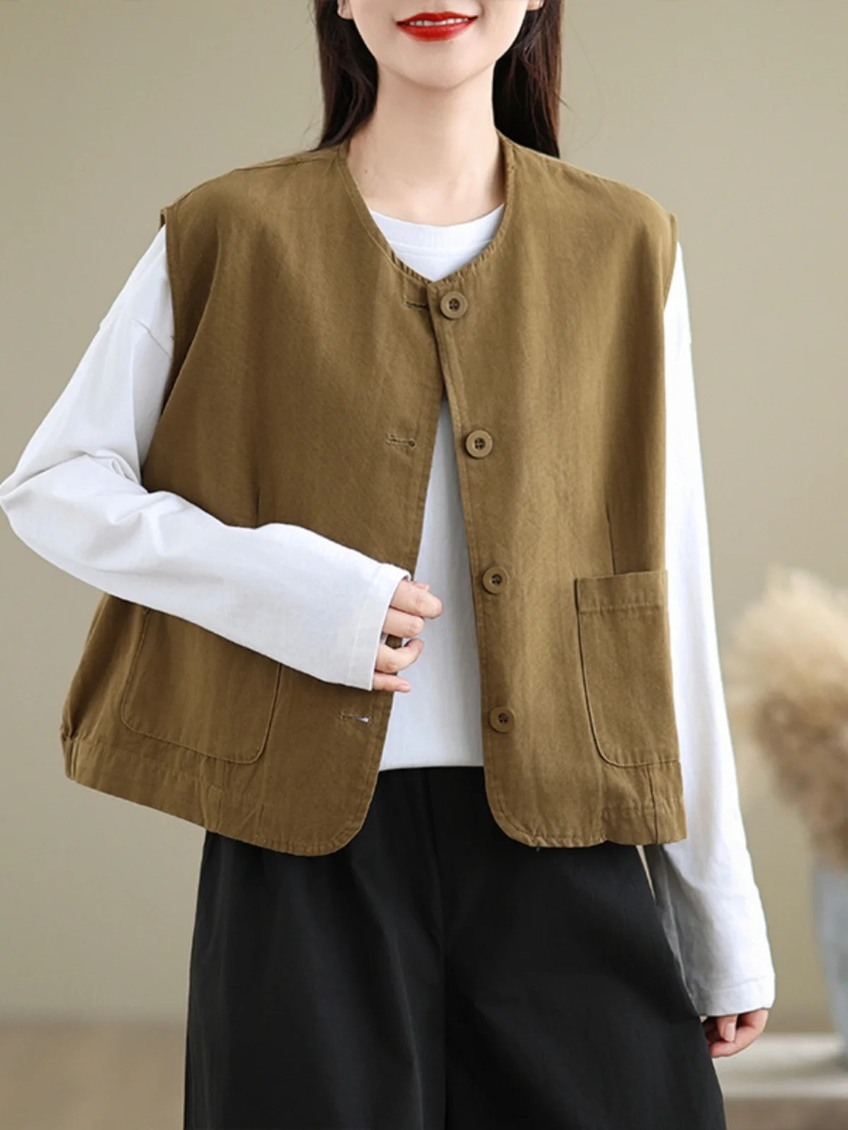 

Faionable Workwear Vest Jaet Women's Spring Autumn Large Size round Ne Open Front Cotton Color Commute Sle