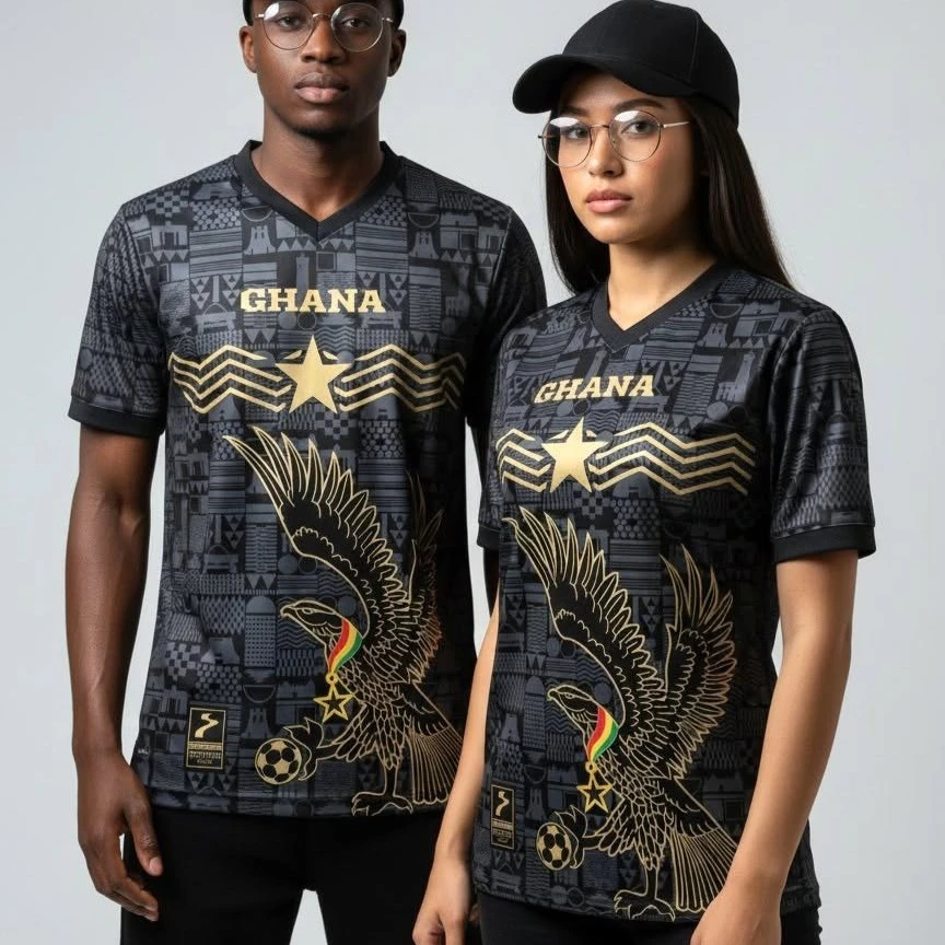 Unisex Ghana Flag Eagle Printed T-Shirt Men Women Black Gold Soccer Football Jersey Style Summer Casual Short Sleeve Graphic Top