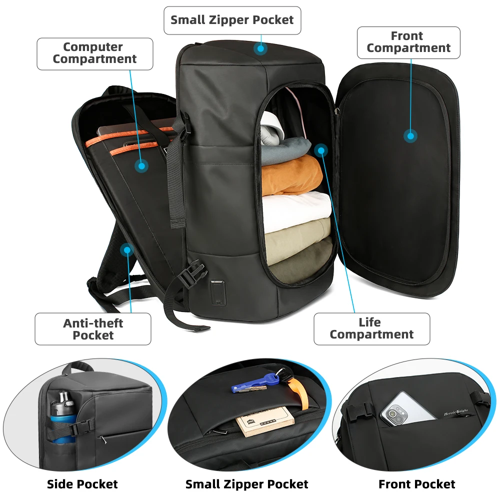 Heroic Knight Travel Backpack Men Waterproof Fashion Large Capacity 17.3 Laptop  Backpacks Business Expandable USB Charging Bag