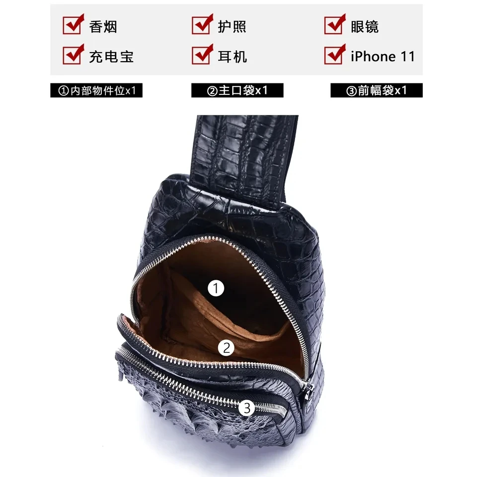 Men's Leather Chest Bag Luxury Design Crocodile Pattern Solid Color Cross-body Bag Multifunctional Mobile Phone Bag