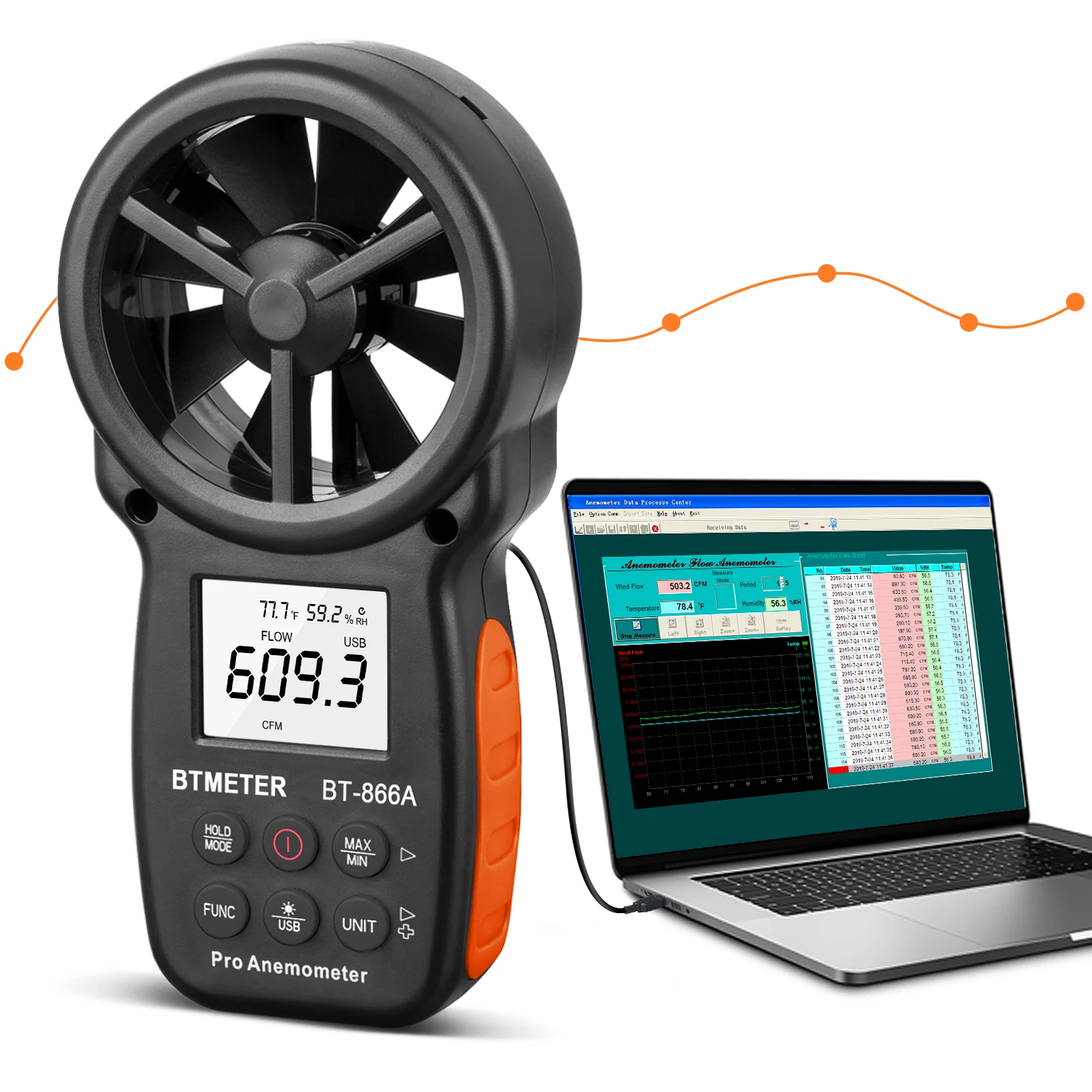 BT-866A Handheld HVAC Pro Anemometer for CFM Air Flow, Wind Speed Meter Gauge Measures Wind Velocity Temp%RH Dew Point with USB 