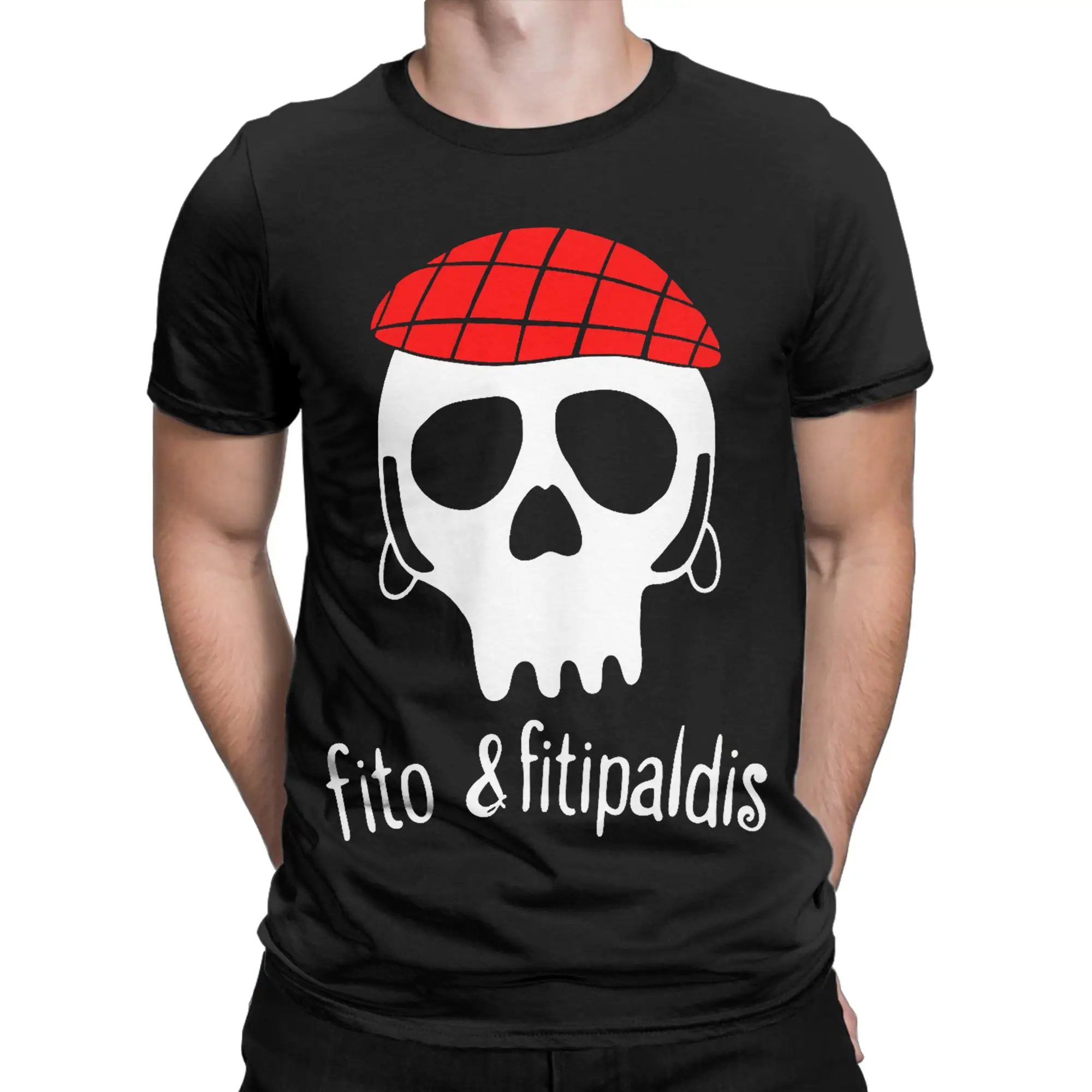 Fito Fitipaldis Band Skull with Red Checkered Beret T-Shirt for Men  Leisure Tee Shirt Round Collar Short Sleeve Clothes