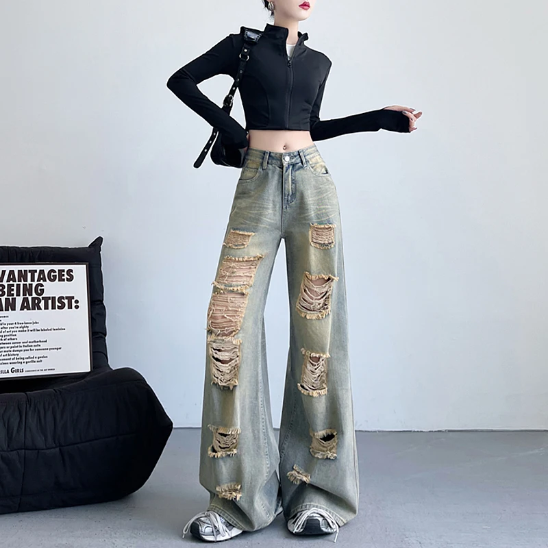 

Thin breathable beggar ripped straight jeans for womeninsWashed old high waist loose wide-leg floor trousers