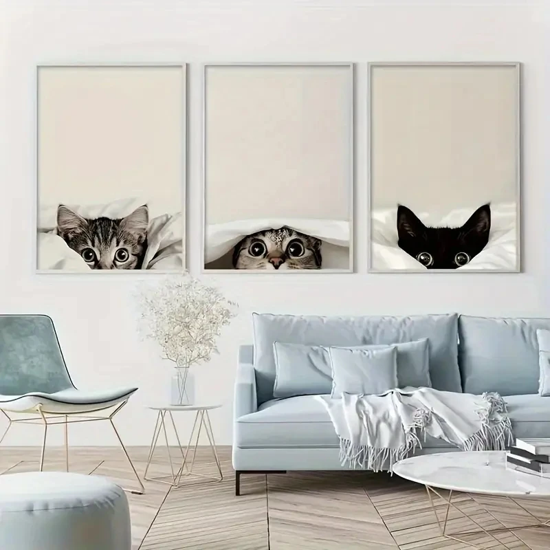 3pcs frameless Canvas Painting 3PCS Peeking Cats Under The Blanket Canvas Prints Set Funny Black and Tabby Cat Wall Art Posters