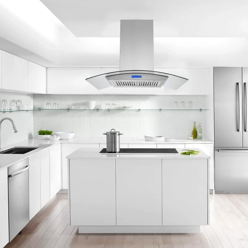 Island Range Hood 36 inch 700 CFM Ceiling Mount Kitchen Stove Hood Ducted with Tempered Glass 4 LED Lights