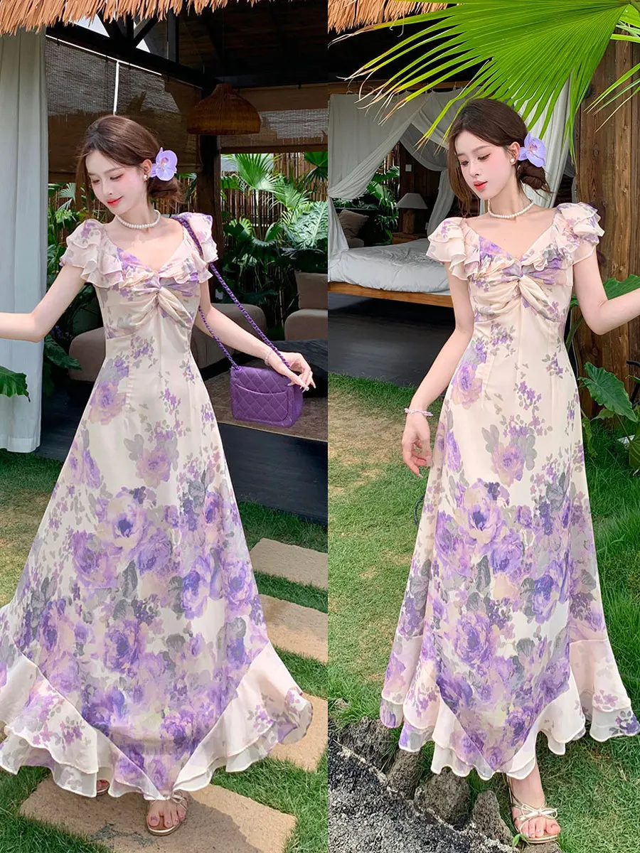 Grande taille été nouveau vent doux flocon de neige imprimé Dr femmes pause thé Dr dissimuler viande minceur a-ligne longue Dr