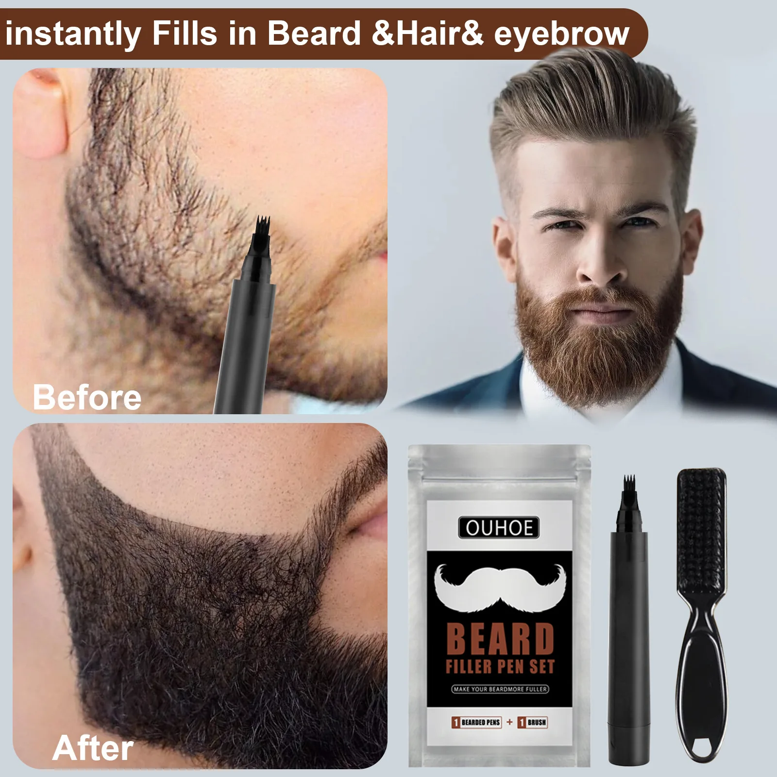 Stylo de réparation professionnel pour la croissance de la moustache pour hommes, remplissage de barbe et kit de rehausseur de favoris, moustaches et nutrition du visage