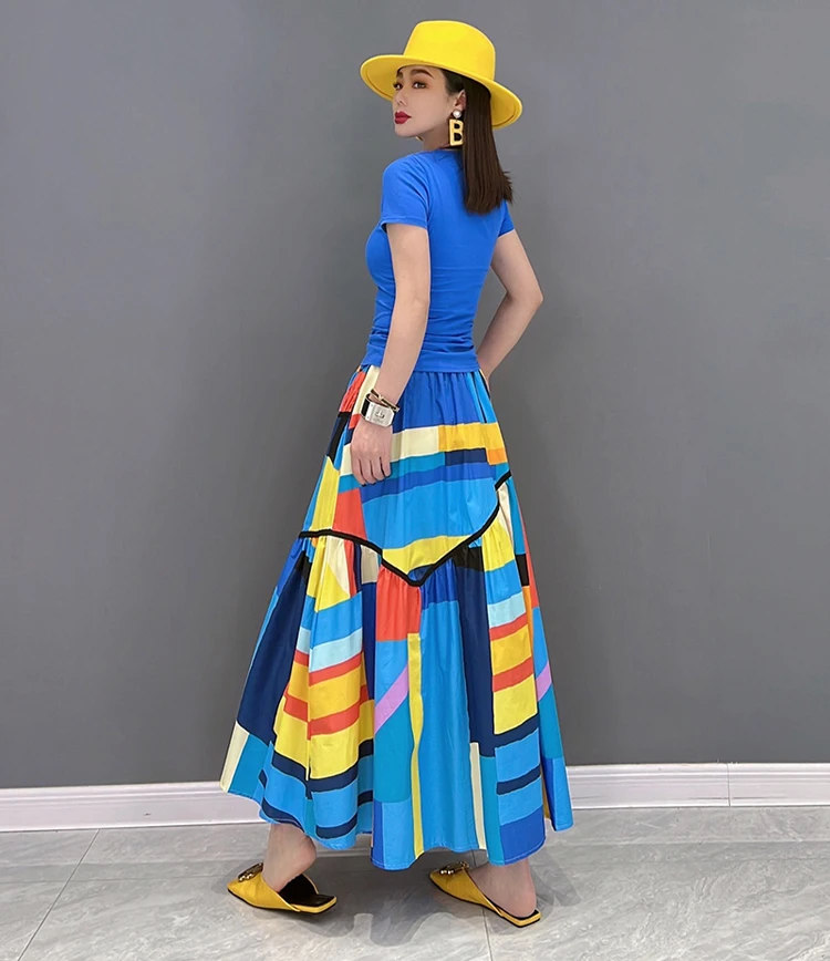 Elastic Waist A-Line New 2023 Summer Korean Style Woman Long Blue Printed Skirt Pockets Loose Fit Casual Holiday Skirt JJSK031