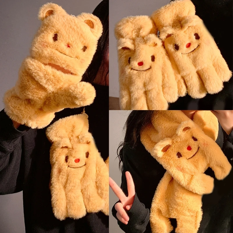 A2ES Furry Cartoon Butter Bear Scarf Full Finger Gloves for Winter Furry Neck Warmer Neck Gaiter Winter Accessory