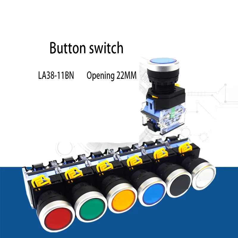 Self locking switch button LA38-11BNZS start flat button normally open and normally closed red green yellow blue circular 22mm