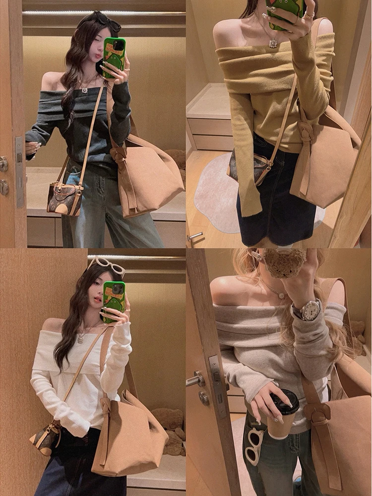 

Yukiss Beautiful One-oulder Wool Knitted Sweater Base Layer irt Commute Sle Slim Fit Long Sve Pure Color Overhead