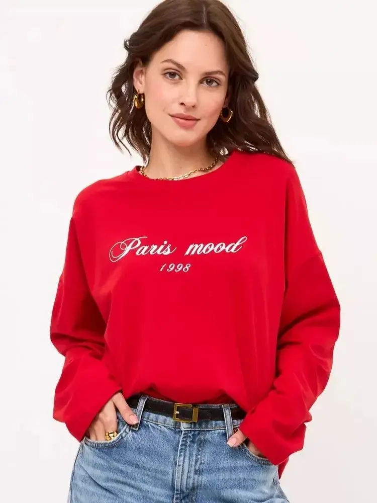 

Paris Mood 1998 Printed Red Shirts Street Fashion Chic Long Sleeve Thin Sweatshirt Pullover 100% Cotton Autumn Elegant Women Top