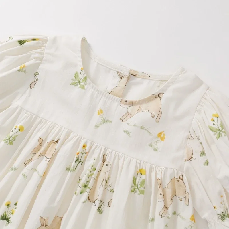 

Girl's Rabbit Print Puff Sleeved Dress 2024 Summer New Korean Round Neck Casual Loose Sweet Baby Girl Cotton Dresses