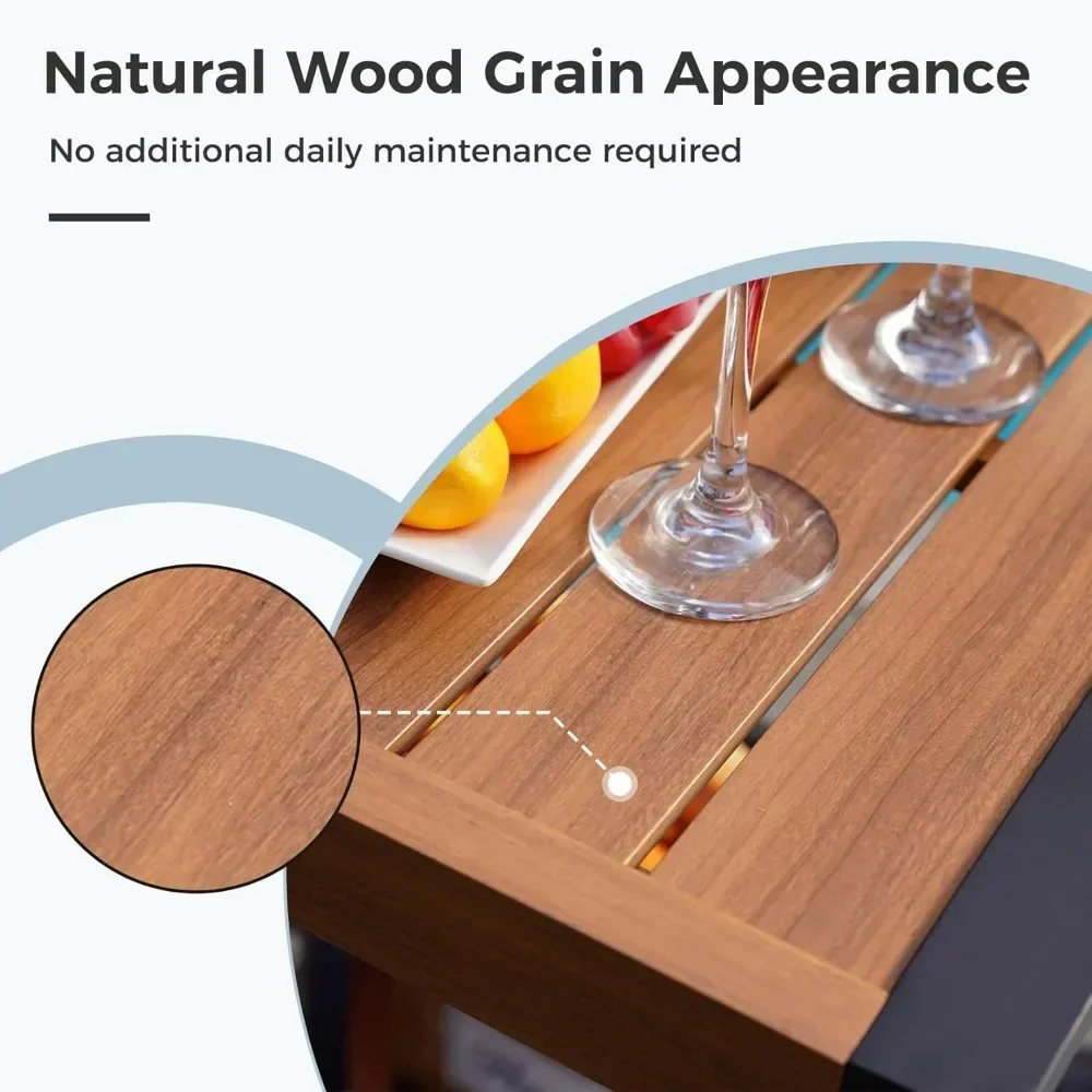 Carro de bar al aire libre con botellero, carrito de comedor con parrilla con doble estante, carrito de servicio de aluminio con mesa con acabado de veta de madera