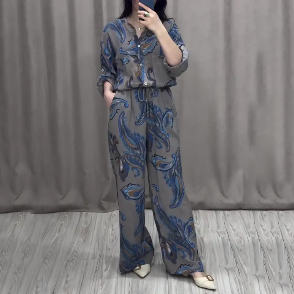 Retro-inspired Women Clothing Set Two-piece Women Shirt Pants Set Stylish Women's Shirt Pants Set with Printed for Commute