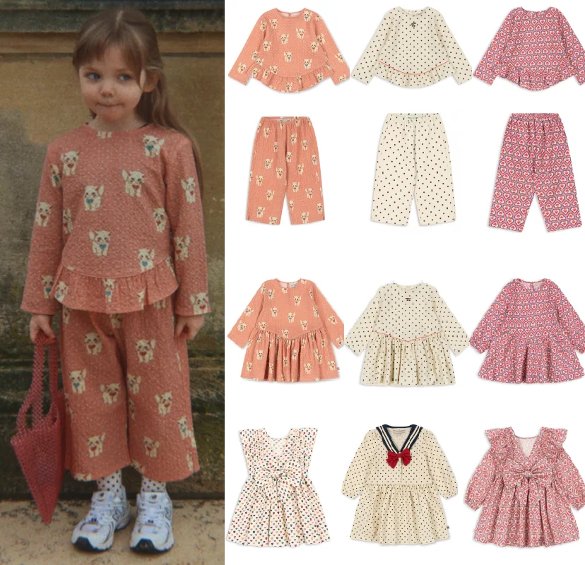 

Girls' Long Sleeved Dress 2026 Summer New Pink Print Fashionable Bow Children's Princess Skirt Cotton Sweet Top Wide Leg Pants