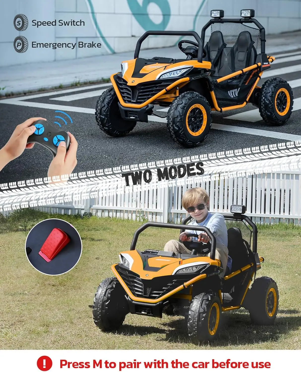 24 فولت 2 مقاعد XL ركوب على سيارة للأطفال مع جهاز تحكم عن بعد، 10AH بالطاقة الكهربائية على الطرق الوعرة UTV، 4WD 4.5mph لعبة السيارة الكهربائية ماكس 140 رطل ث