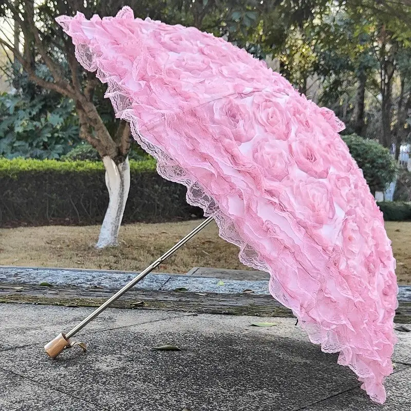 Pink three-dimensional flower lace sun umbrella, vinyl sunscreen, sunshade, UV protection 20% off, weather and rain dual-purpose