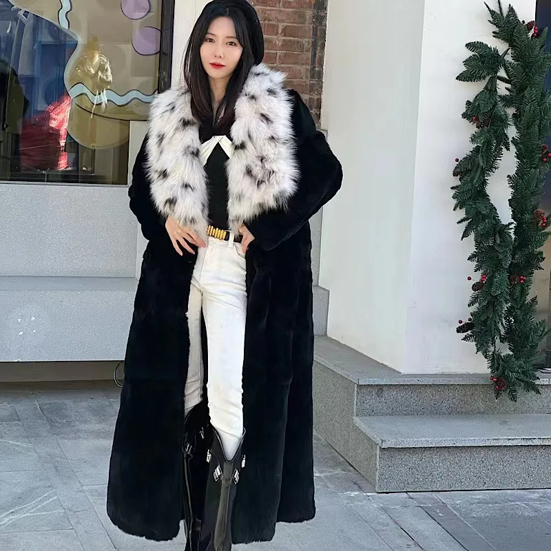 

2022 New Winter Women Real Rex Rabbit Fur Coats With Fox Lapel Collar Natural Whole Skin Genuine Long Jackets Overcoat Luxury