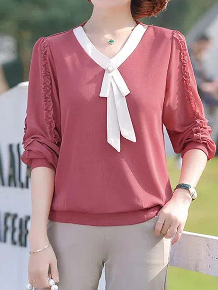 Casual Fashion Solid Button Bow Ruffles Patchwork T-shirt Autumn 2022 New Long Sleeve V-Neck Loose Pullover Tops Ladies Clothing