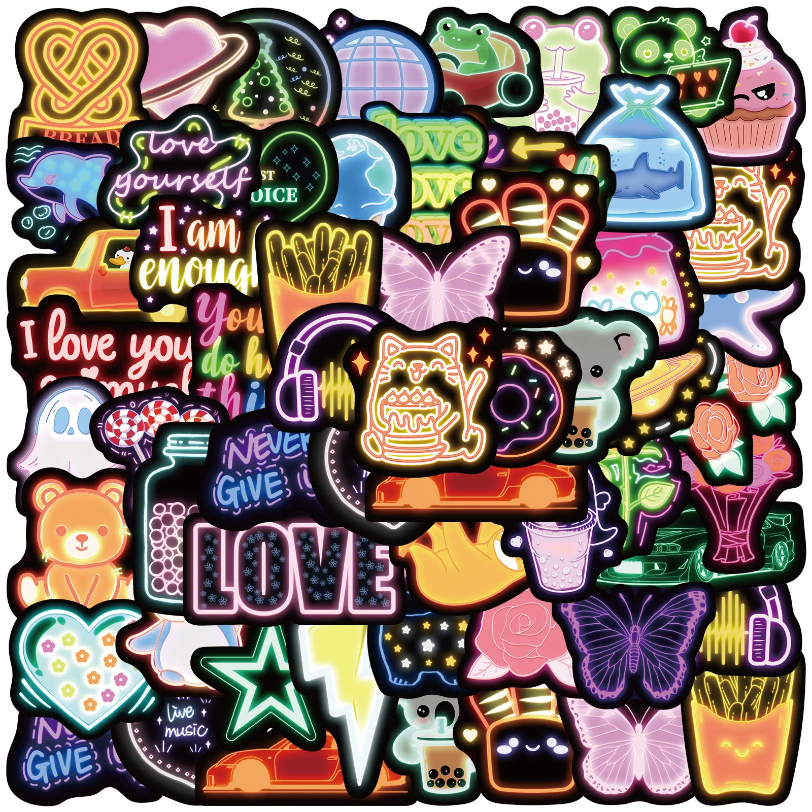 50PCS Cute Neon Lamp Cartoon Graffiti Stickers Phone Guitar Laptop Notebook Suitcase Cup Waterproof Sticker Decals Kids Toys