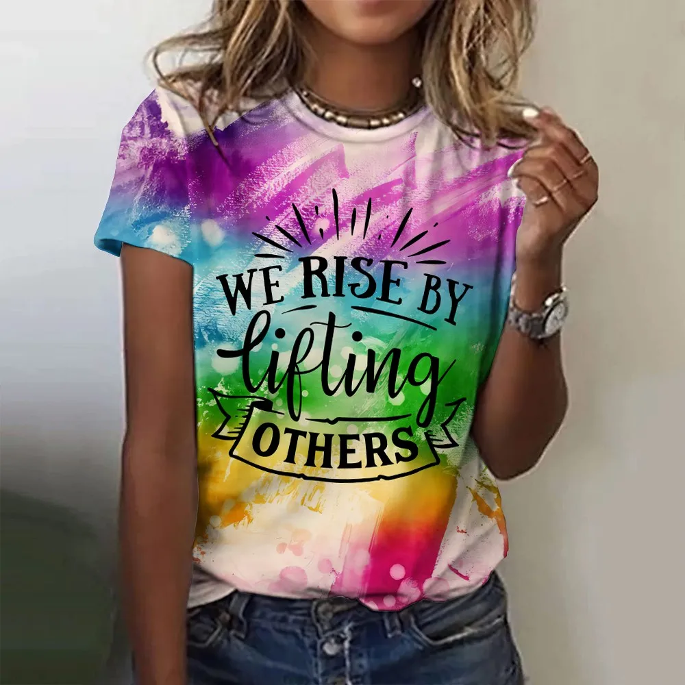 Summer Gradient Letter 3D Print T-shirts Women Streetwear Casual Fashion Y2k Short Sleeve T Shirt O-neck Tees Tops Clothing