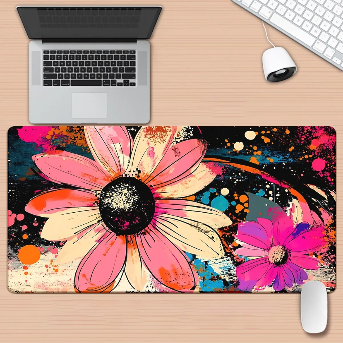 1pc XXL Large Non-Slip Rubber Base Daisy Flower Mouse Pad Oversized Durable Office Gaming Desk Mat Multicolor Floral Print Desk