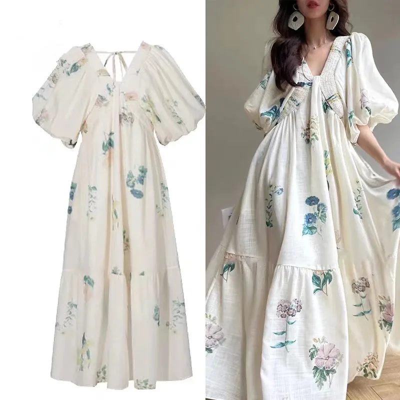 Runway French Summer Flower Printed Holiday Long Dress Boho Women Elastic V Neck Puff Sleeve Linen Back Lace Up High Waist Robe