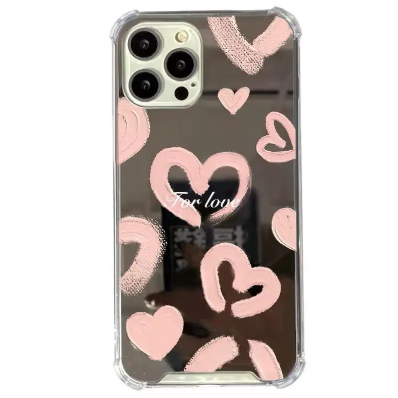 Mirror Love Heart Pattern Phone Case For iPhone 16 11 13 Pro Max 12 14 15 Pro Max 7 8 Plus Make Up Mirror Silica Gel Back Cover