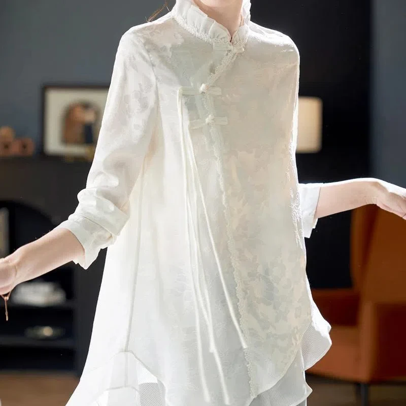 National Style New Chinese Jacquard Button Down Shirt with Irregular Long Sleeved Chiffon Design for Spring and Summer Blouses