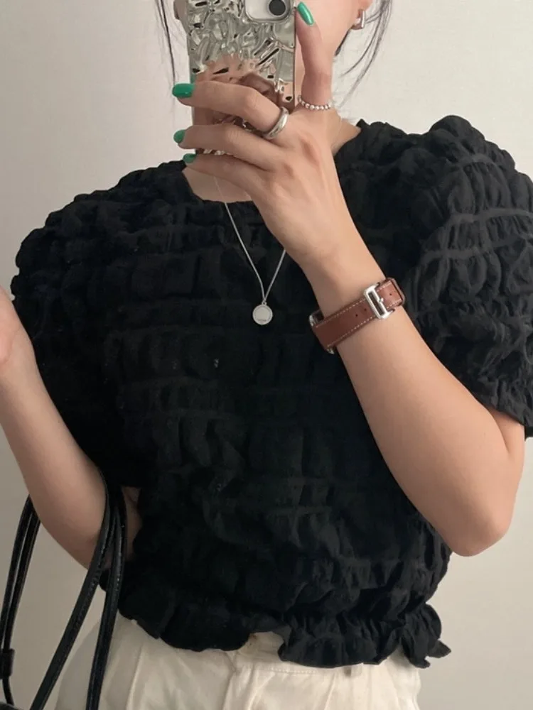 

Chic Summer round Ne Texture Folded ort Bubble Sve irt Women's Top Versatile Faionable Commute Sle Pure Color