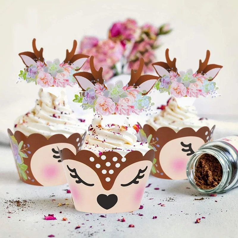 12Pcs Reindeer Cupcake Wrappers and 12Pcs Toppers for Muffin Dessert Cake Decorations Baby Shower Party Supplies Favors