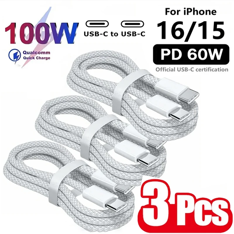 3 Stück USB-C-Kabel zu USB-C 100W Schnellladekabel Unterstützt Schnelles Laden für iPhone 16 15 Samsung Xiaomi Huawei Etc.