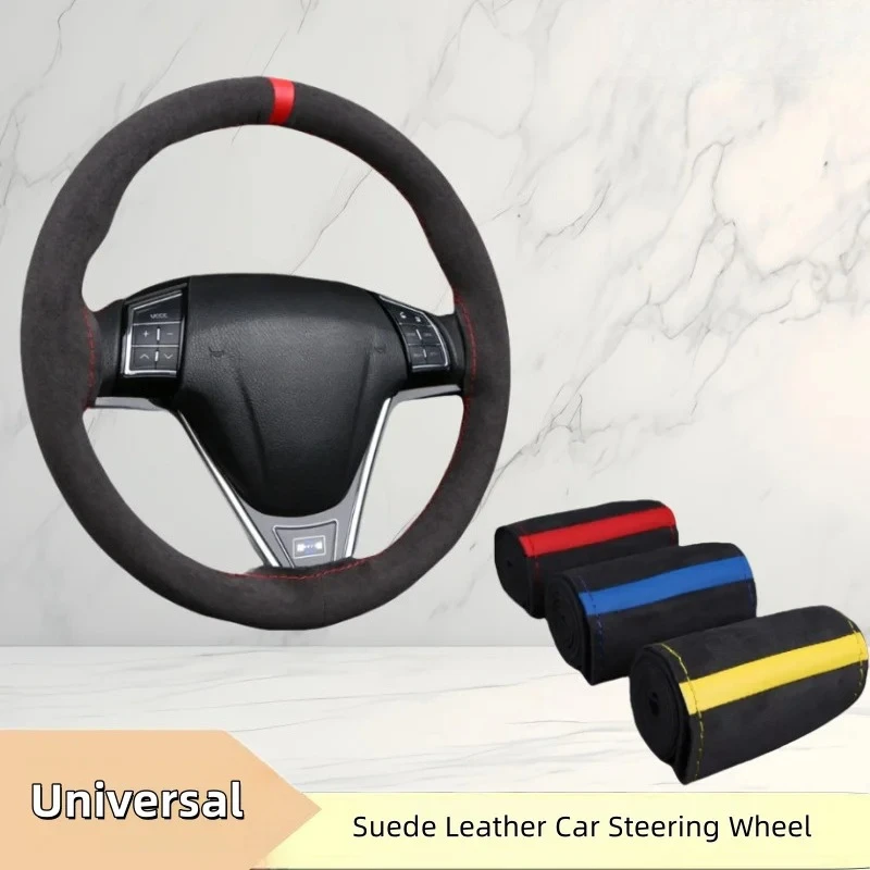 1PC Car Steering Wheel Cover Soft Wear-Resistant Comfortable Wear Resistant Universal Hand Sewing Black Suede Leather Braiding