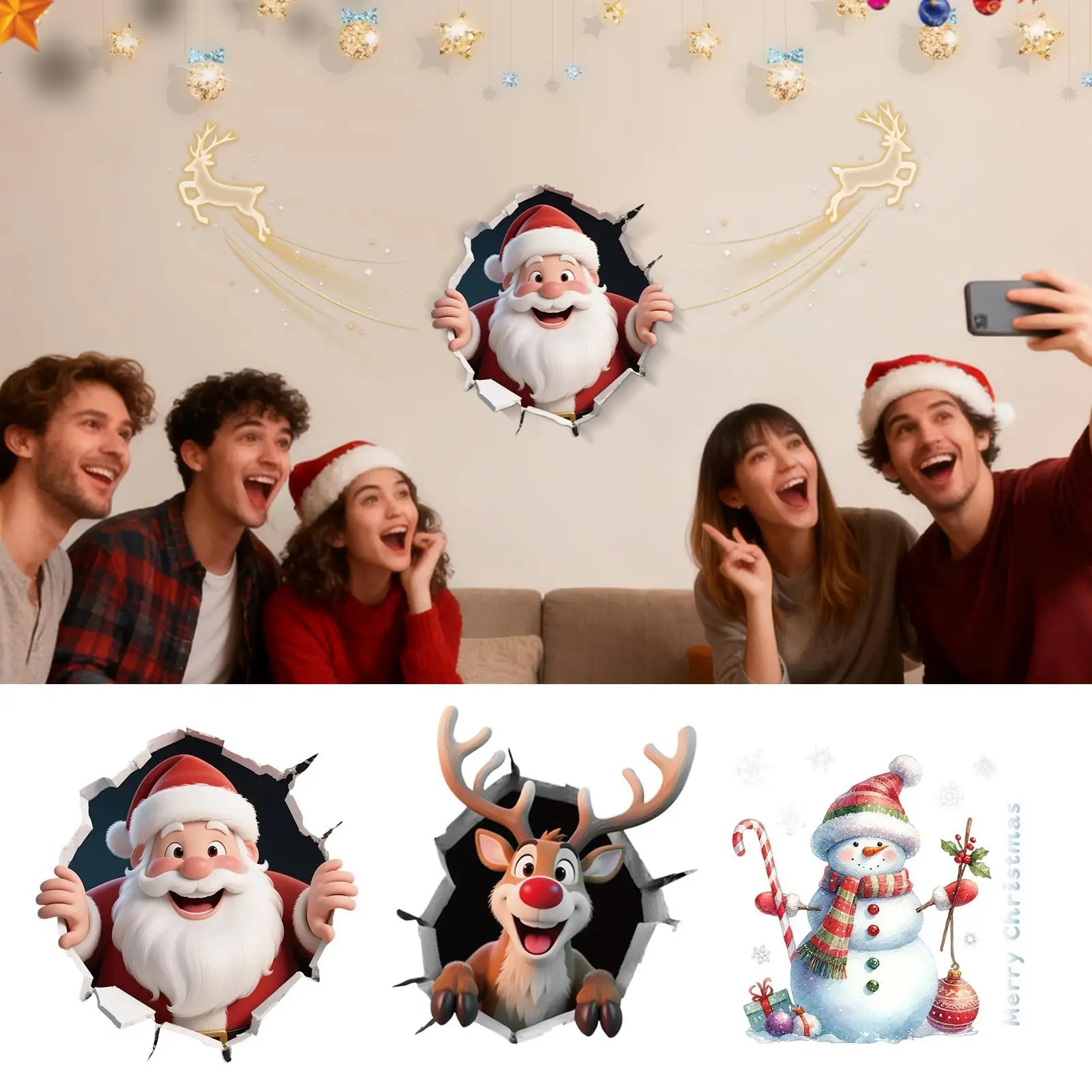 Wall Christmas Stickers Santa Reindeer Breaking Wall Snowman Festival Sticker Decor Toilet Seat Lid Decals For Home Party Living