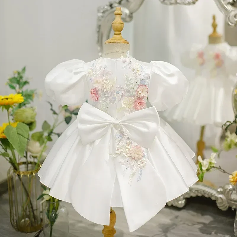 Robe princesse en dentelle à fleurs pour bébé fille, manches courtes bouffantes, nœud vintage, vêtements de fête, reconstitution historique, anniversaire, enfant de 1 à 12 ans