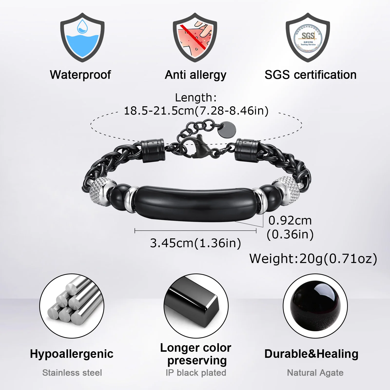 Vnox Natural Stone Tiger Eye Bar Beads Bracelets for Men, Adjustable Stainless Steel Wheat Chain Link Bracelet, Punk Jewelry
