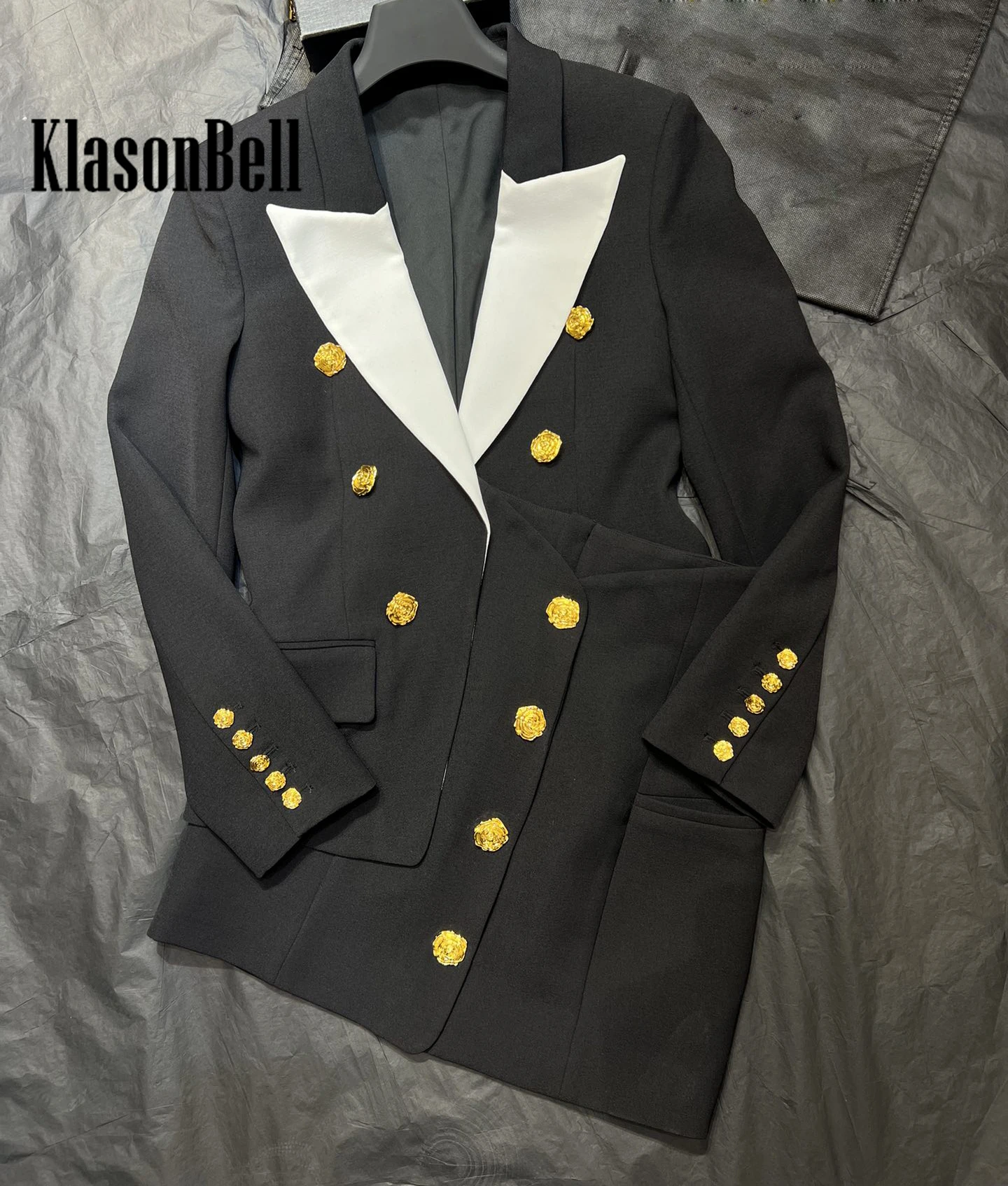 5.17 KlasonBell Rose Gold Button Lapel Spliced Color Collect Waist Blazer Or Package Hip Short Skirt Elegant Fashion Set Women