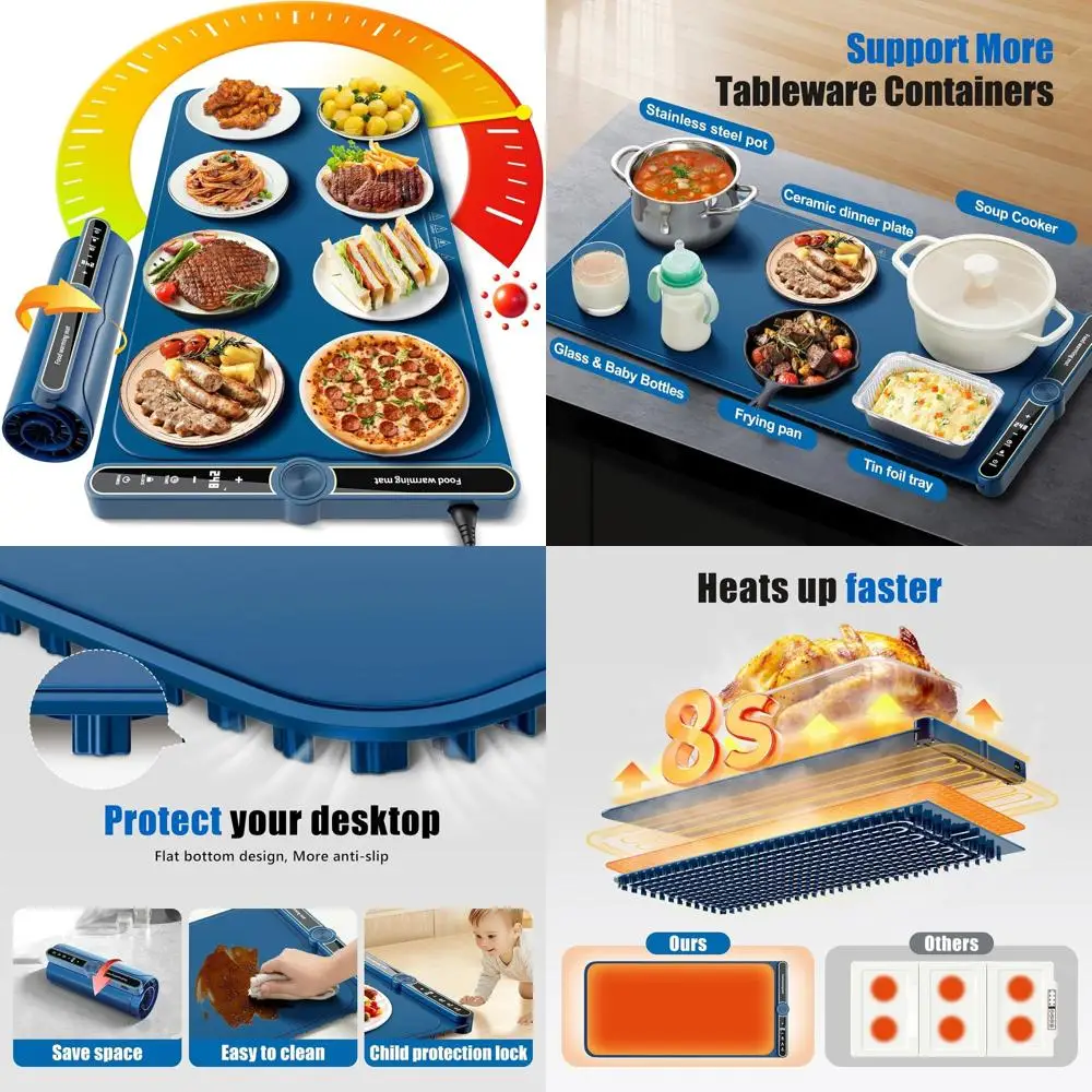 

Extra Large Silicone Food Warming Mat, 15x31.6, Foldable with Timer and 9 Heat Settings for Countertops and Parties