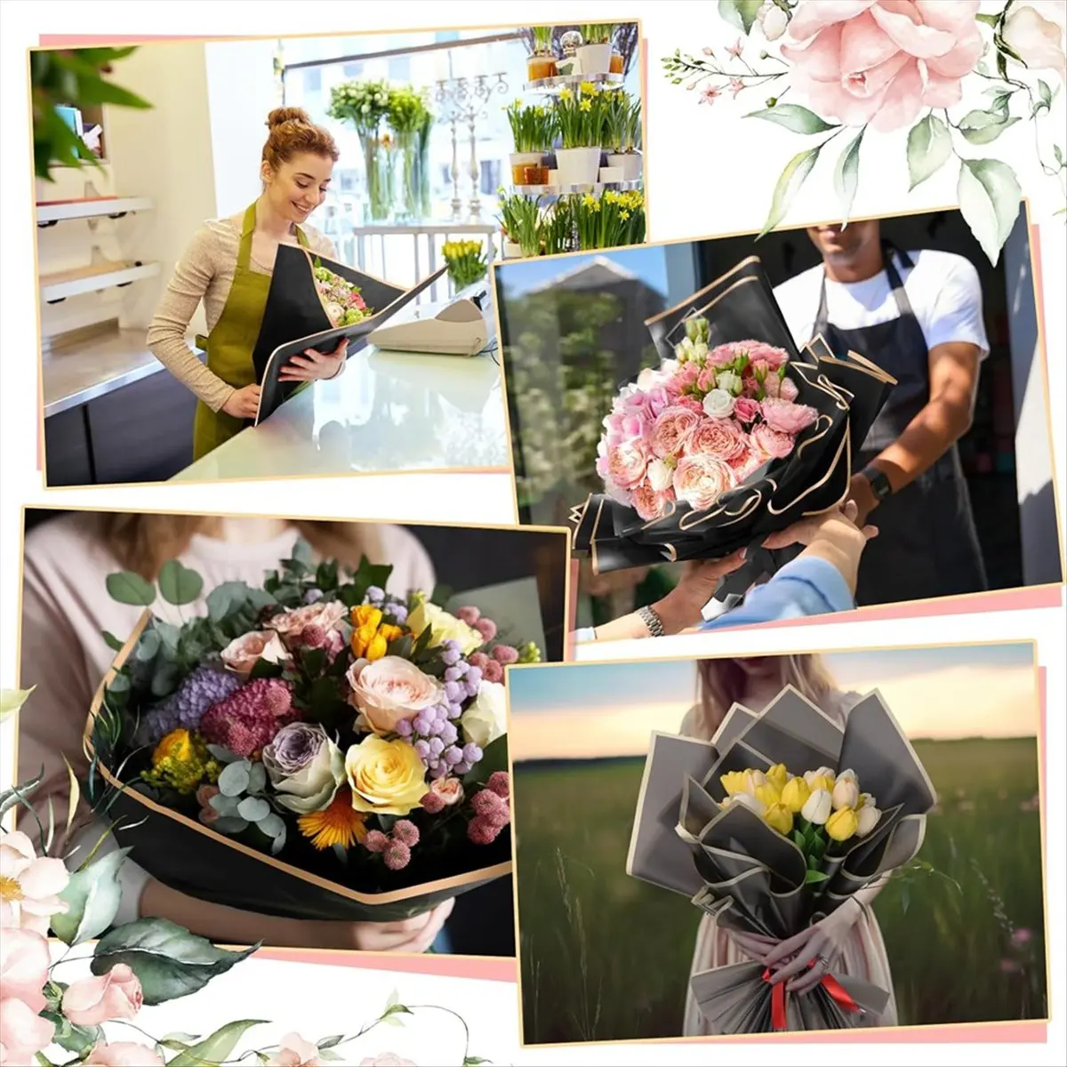 Reliable- 100 Sheets Black Flower Wrapping Paper Gold Edge Bouquet Accessories,23 Inch Florist Floral Bouquet Supplies