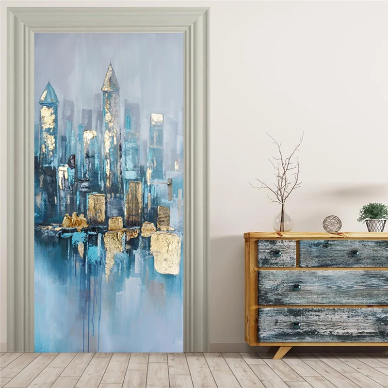 Door Sticker Modern Hand Painted 3D Golden Abstract City Oil Painting Wallpaper Living Room Bedroom Home Decor Art Door Poster