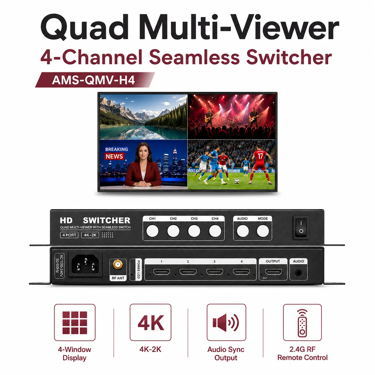 AMS-QMV-H4 4K HD 4X1 Quad Multi Viewer Switch 4 in 1 out HD Screen Multiviewer Seamless Switcher for Video Wall Display